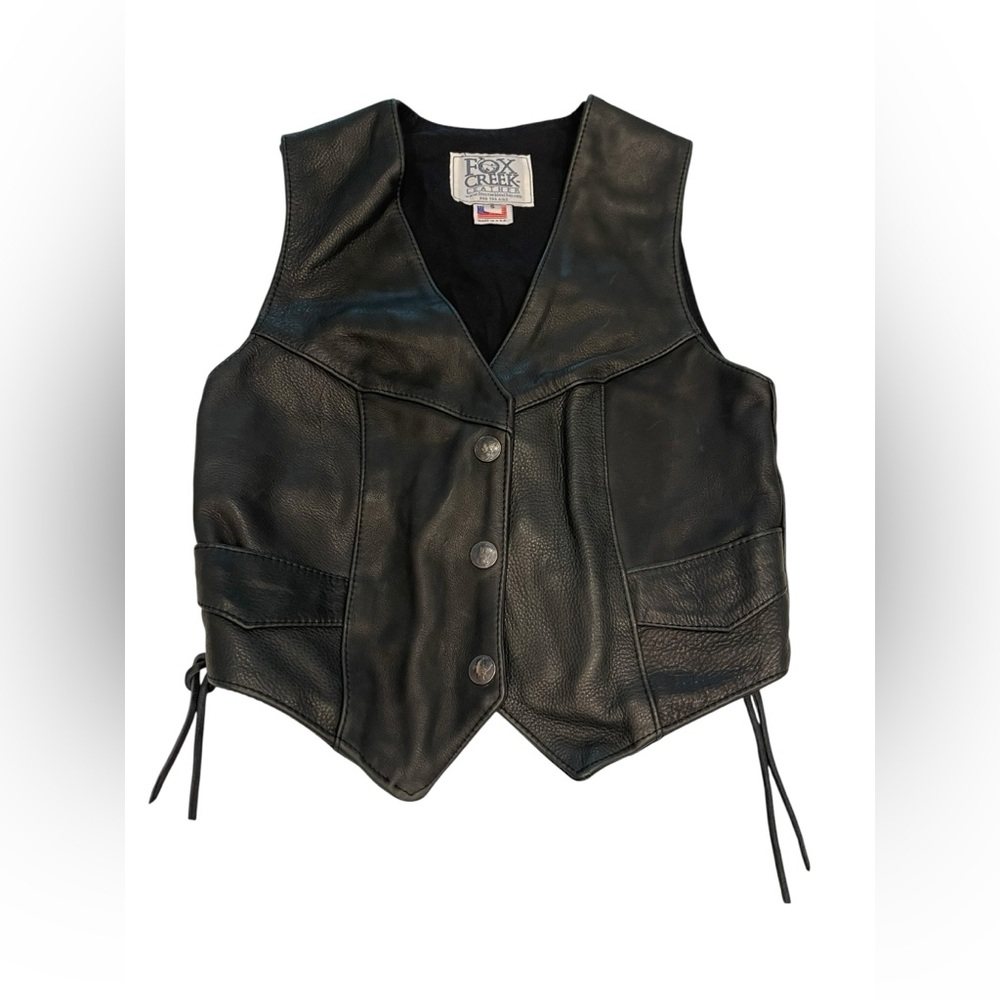 Fox Creek Black Leather women Vest with Harley Davidson embroidery on the back S